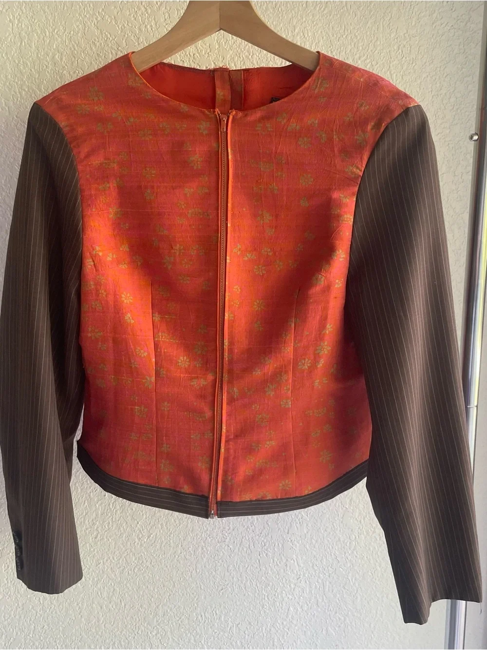 Custom Orange Floral Front Bomber Jacket with Brown Pinstripe Sleeve
